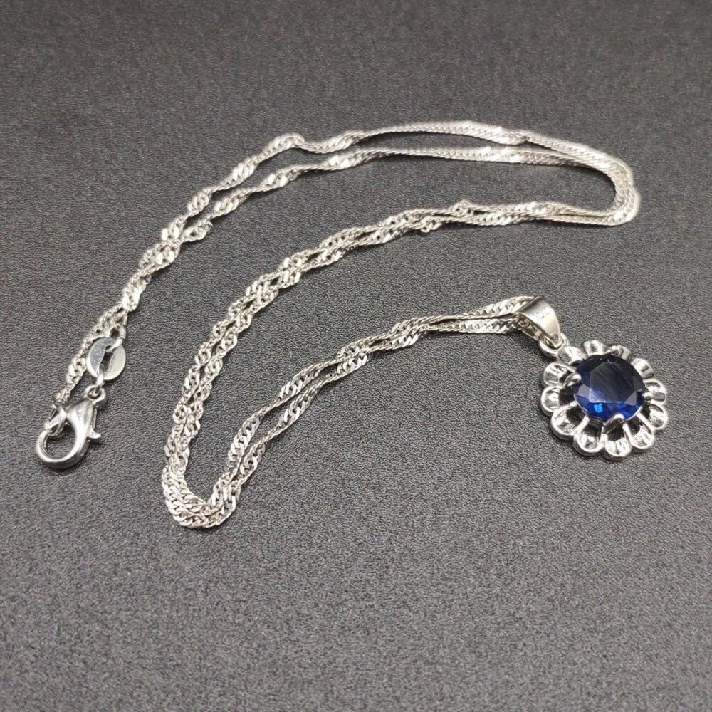 925 Silver Necklace Blue Flower Lab Sapphire BOHO Anniversary Birthday Fashion